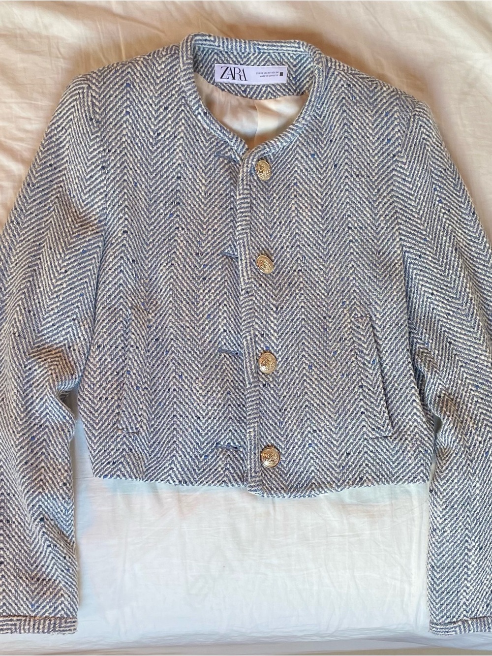 ZARA Blue and White Herringbone Tweed Cropped Jacket XS